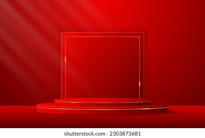Red podium with red squares and elegant gold lines on the back for product presentation. Cosmetic product display. Stage or podium. vector illustration	