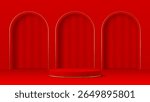 Red podium stage with arch gates. Elegant 3d vector round pedestal with golden trimmed archways and curtains. Display for showcasing luxury products or festive presentations, promotions and events