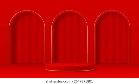 Red podium stage with arch gates. Elegant 3d vector round pedestal with golden trimmed archways and curtains. Display for showcasing luxury products or festive presentations, promotions and events