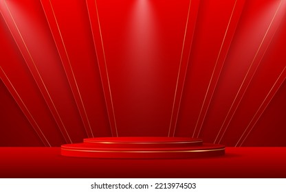 Red podium with red stripes with elegant gold lines for product presentation. Cosmetic product display. vector illustration
