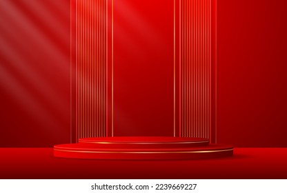 Red podium with red stripes with elegant gold lines on the back for product presentation. Cosmetic product display. vector illustration	