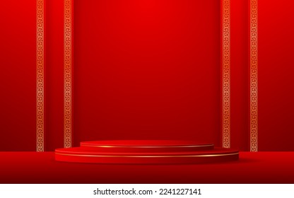 Podio rojo con rayas rojas y elegantes líneas doradas en la parte posterior para la presentación del producto. Estilo chino de Año Nuevo. ilustración vectorial