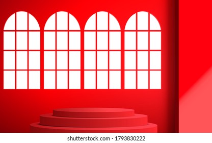 red podium with sunlight in the red room