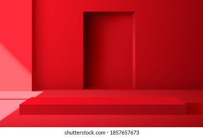 red podium with sunlight from windows in the red studio room