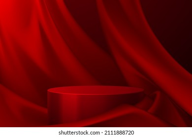 Red podium with red textile background