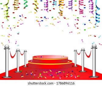 Red podium with three stage and confetti for selebration victory. 