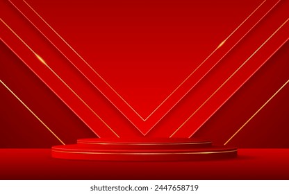 Red podium with red triangle with elegant gold line on the back for product presentation. Cosmetic product display. Stage or podium. vector illustration	