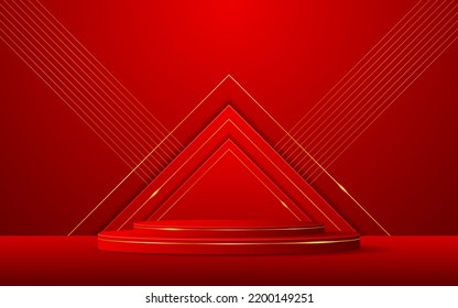 Rotes Podium mit roten Dreiecken und eleganten goldenen Linien auf der Rückseite zur Produktpräsentation. Vektorgrafik des kosmetischen Produkts
