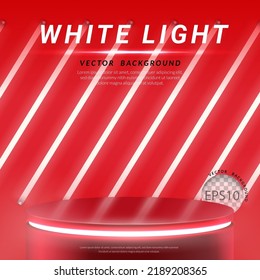 Red Podium With White Neon Tube On Red Background, Square Layout, Vector Illustration