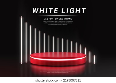 Red podium with white neon wall, landscape layout, Vector illustration