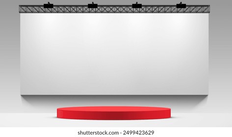 red podium with white screen blackground in the white room	