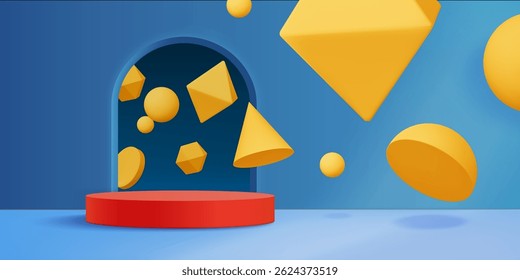 Red podium with yellow geometric shapes floating above on blue background with arch - spheres and pyramids, abstract elements and dynamic composition. 3d stage for exhibition and presentation design.
