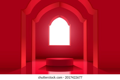 red podiums and sunlight from windows in the red room