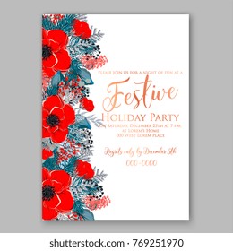  Red Poinsettia Anemone Christmas Party Invitation fir pine wreath