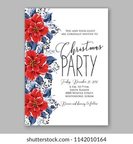 Red Poinsettia blue fir wreath Christmas Party invitation vector poster template holiday wording