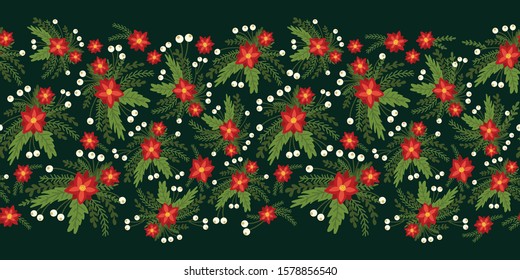 Red Poinsettia Christmas flowers seamless vector border. Flat Scandinavian style abstract florals and leaves pattern background. Hand drawn Holiday design for packaging, surface pattern design, cards