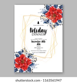 Red Poinsettia Christmas party invitation flyer winter floral vector background bridal shower baby shower christening baptism birthday card anniversary poinsettia winter holiday wreath