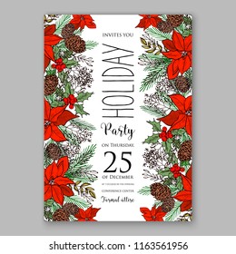 Red Poinsettia Christmas party invitation flyer winter floral vector background bridal shower baby shower christening baptism birthday card anniversary poinsettia winter holiday wreath