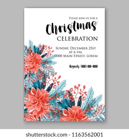 Red Poinsettia Christmas party invitation flyer winter floral vector background bridal shower baby shower christening baptism birthday card anniversary poinsettia winter holiday wreath