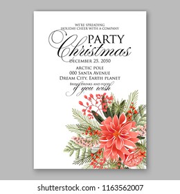 Red Poinsettia Christmas party invitation flyer winter floral vector background bridal shower baby shower christening baptism birthday card anniversary poinsettia winter holiday wreath