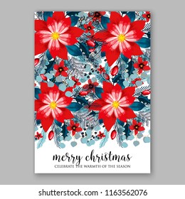 Red Poinsettia Christmas party invitation flyer winter floral vector background bridal shower baby shower christening baptism birthday card anniversary poinsettia winter holiday wreath