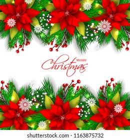 Red Poinsettia Christmas party invitation vector template greeting card with pine and fir branches red berry wreath in the snowflake, lights