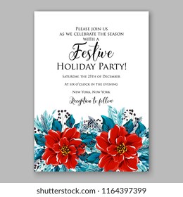 Red Poinsettia Christmas party invitation flyer poster winter floral vector background bridal shower baby shower christening baptism birthday card anniversary poinsettia fir pine winter holiday wreath