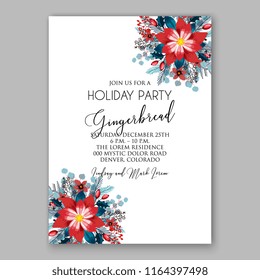 Red Poinsettia Christmas party invitation flyer poster winter floral vector background bridal shower baby shower christening baptism birthday card anniversary poinsettia fir pine winter holiday wreath