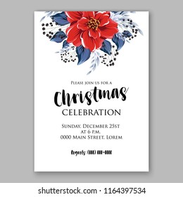 Red Poinsettia Christmas party invitation flyer poster winter floral vector background bridal shower baby shower christening baptism birthday card anniversary poinsettia fir pine winter holiday wreath
