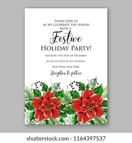 Red Poinsettia Christmas party invitation flyer poster winter floral vector background bridal shower baby shower christening baptism birthday card anniversary poinsettia fir pine winter holiday wreath