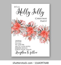 Red Poinsettia Christmas party invitation flyer poster winter floral vector background bridal shower baby shower christening baptism birthday card anniversary poinsettia fir pine winter holiday wreath