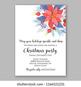 Red Poinsettia Christmas party invitation floral winter holiday illustration fir red berry