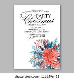 Red Poinsettia Christmas Party invitation or winter floral vector illustration background for holiday greeting card christmas dinner invitation template Fir red poinsettia flower pine branch xmas