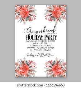 Red Poinsettia Christmas Party invitation or winter floral vector illustration background for holiday greeting card christmas dinner invitation template Fir red poinsettia flower pine branch xmas