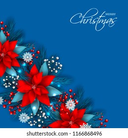 Red Poinsettia Christmas Party invitation on blue background fir white berry vector winter holiday floral wreath greeting card