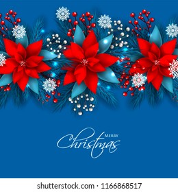 Red Poinsettia Christmas Party invitation on blue background fir white berry vector winter holiday floral wreath greeting card