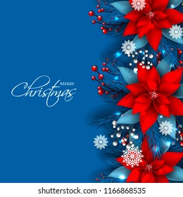 Red Poinsettia Christmas Party invitation on blue background fir white berry vector winter holiday floral wreath greeting card