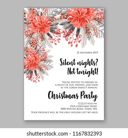 Red Poinsettia Christmas party invitation flyer poster winter floral vector background bridal shower baby shower christening baptism birthday card anniversary poinsettia fir pine winter holiday wreath