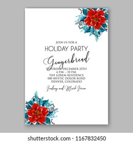 Red Poinsettia Christmas party invitation flyer poster winter floral vector background bridal shower baby shower christening baptism birthday card anniversary poinsettia fir pine winter holiday wreath