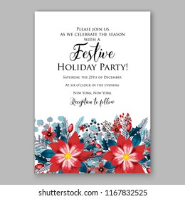 Red Poinsettia Christmas party invitation flyer poster winter floral vector background bridal shower baby shower christening baptism birthday card anniversary poinsettia fir pine winter holiday wreath