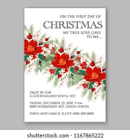 Red Poinsettia Christmas Party Invitation sample card beautiful winter floral ornament xmas