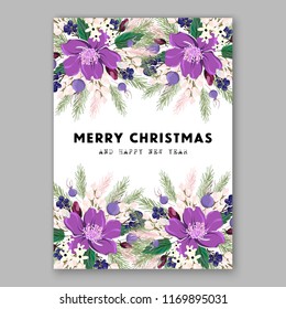 Red Poinsettia Christmas Party Invitation sample card beautiful winter floral ornament xmas violet navy blue clematis