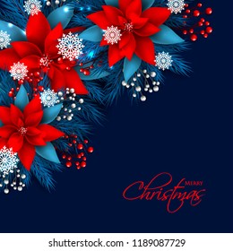 Red Poinsettia Christmas Party invitation on blue background fir white berry vector winter holiday floral wreath greeting card
