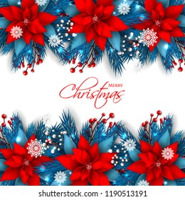 Red Poinsettia Christmas party invitation vector template greeting card with pine and fir branches red berry wreath in the snowflake, lights