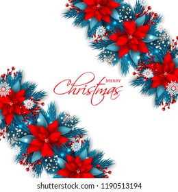 Red Poinsettia Christmas party invitation vector template greeting card with pine and fir branches red berry wreath in the snowflake, lights