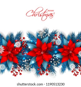 Red Poinsettia Christmas party invitation vector template greeting card with pine and fir branches red berry wreath in the snowflake, lights