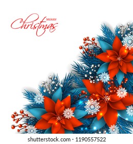 Red Poinsettia Christmas party invitation vector template greeting card with pine and fir branches red berry wreath in the snowflake, lights
