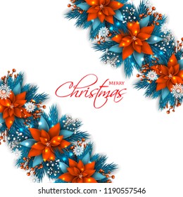 Red Poinsettia Christmas party invitation vector template greeting card with pine and fir branches red berry wreath in the snowflake, lights