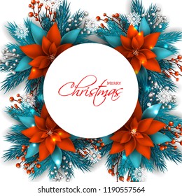 Red Poinsettia Christmas party invitation vector template greeting card with pine and fir branches red berry wreath in the snowflake, lights