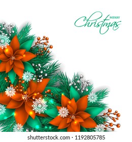Red Poinsettia Christmas party invitation vector template greeting card with pine and fir branches  berry wreath in the snowflake, lights